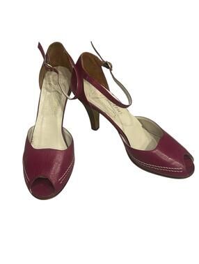 Vintage 60s 70s Garolini Italy Dark Pink Leather Peep Toe Heels Strap Sz 7